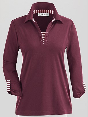 Stripe Accent 3/4 Sleeve Polo Top product image (285254.BORD.1.121_WithBackground)
