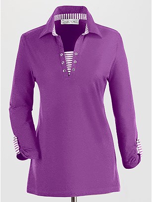Stripe Accent 3/4 Sleeve Polo Top product image (285254.FS.1.10_WithBackground)