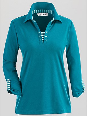 Stripe Accent 3/4 Sleeve Polo Top product image (285254.PE.1.11_WithBackground)