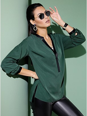 Faux Leather V-Neck Trim Tunic product image (428399.MOSS.JS)