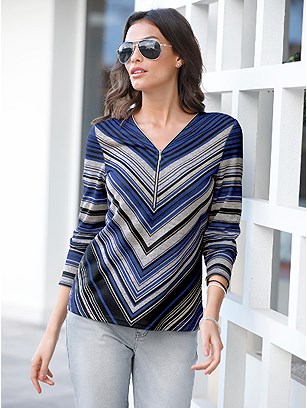 Stripe Zip Up V-Neck Top product image (428504.RYMU.1.9_WithBackground)