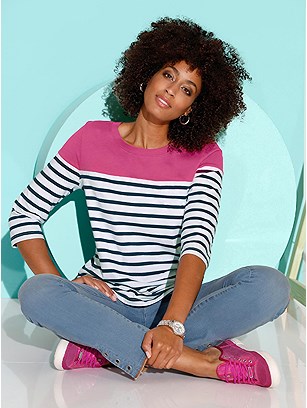 Striped 3/4 Sleeve Top product image (437742.FSWH.3.1_WithBackground)