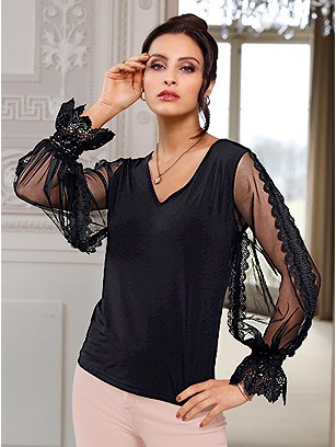 Sheer Lace Sleeve Top product image (506382.BK.1.1_WithBackground)