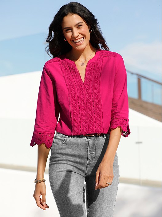 creation l Pink Lace Detail V-Neck Blouse