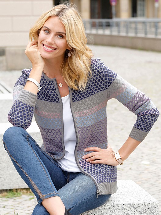 creation l Grey-Patterned Jacquard Pattern Zip Cardigan from creation L