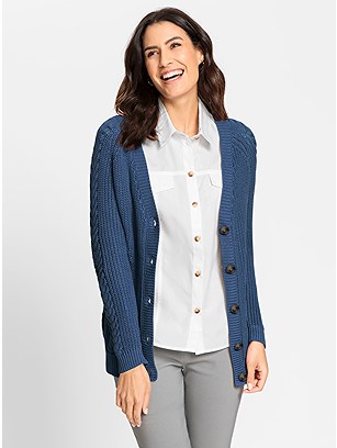 Cable Knit Button Down Cardigan product image (559003.DEBL.1.20_WithBackground)