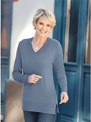 Ribbed V-Neck Sweater product image (579575.PWBL.1.14_WithBackground)
