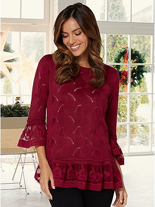 Flared Lace Trim Sweater product image (579941.CHRY.1SS)