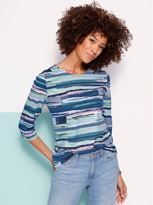 creation l Denim Blue-Chalky Mint-Printed Printed 3/4 Sleeve Shirt