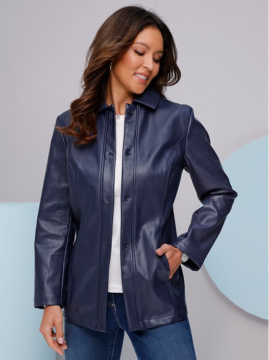 creation l Navy Button Up Faux Leather Jacket