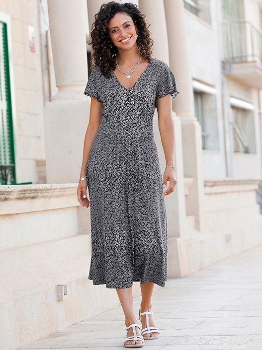creation l Black-White-Printed Flowy Floral Midi Dress from creation L