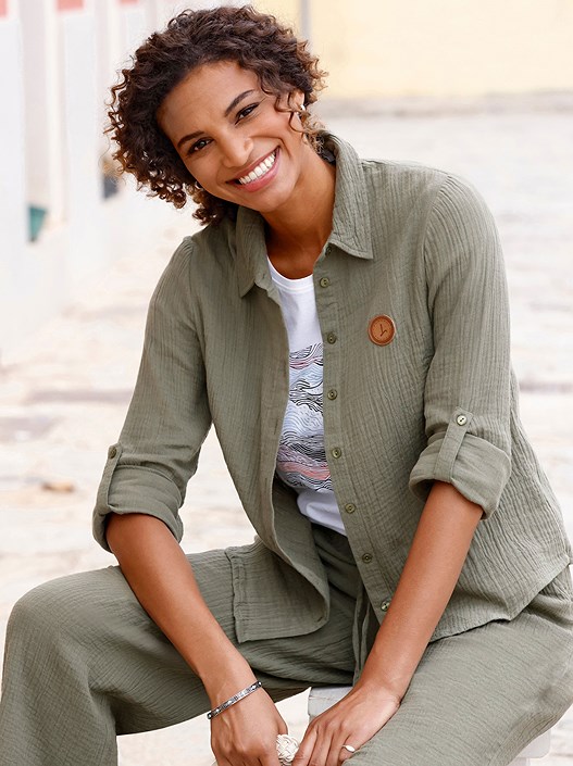 creation l Khaki Muslin Button Up Blouse